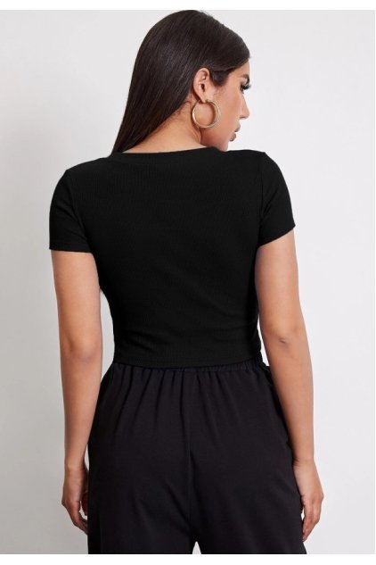 Kadın Siyah Yuvarlak Yaka Yarım Kol Crop Top Bluz