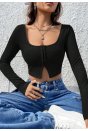 Kadın Siyah Uzun Kollu Agraflı Göğüs ve Göbek Dekolteli Crop Top Bluz