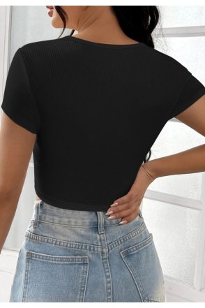 Kadın Siyah Yarım Kol Düz Yaka Crop Top Bluz