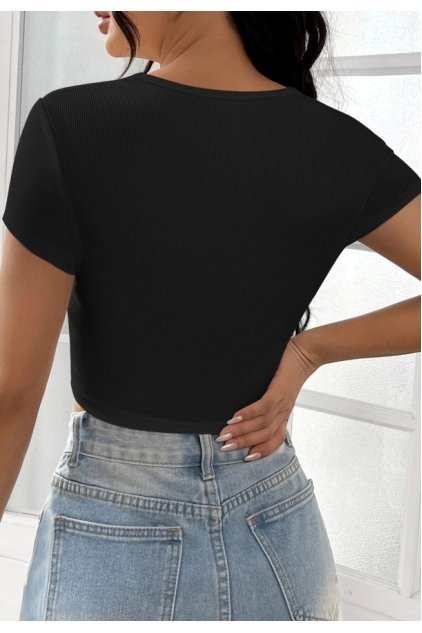 Kadın Siyah Yarım Kol Düz Yaka Crop Top Bluz