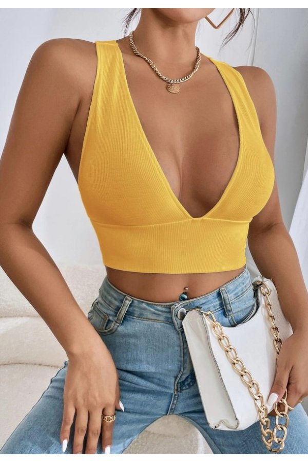 Kadın Sarı Çapraz Sırt Detaylı Şık Crop Top Büstiyer