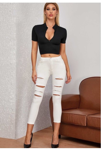 Kadın Siyah Yarım Fermuarlı ve Kısa Kollu Crop Top Bluz
