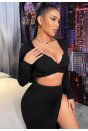 Kadın Siyah Uzun Kol Göğüs ve Göbek Dekolteli Fermuarlı Crop Top Bluz
