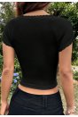 Kadın Siyah Göğsü ve Kolları Dantelli Fiyonklu Kısa Kol Crop Top Bluz