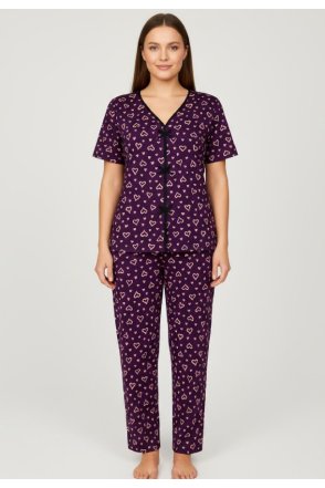 Kadın Mor Kalp Desenli Fiyonklu Kısa Kollu Uzun Pijama Takımı