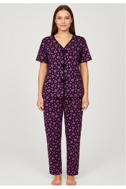 Kadın Mor Kalp Desenli Fiyonklu Kısa Kollu Uzun Pijama Takımı
