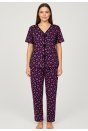 Kadın Mor Kalp Desenli Fiyonklu Kısa Kollu Uzun Pijama Takımı