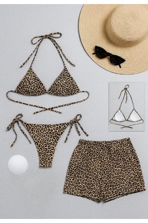 Kadın 3'lü Set Fosforlu Şortlu ve Yandan Bağlamalı Bikini Mayo Takımı