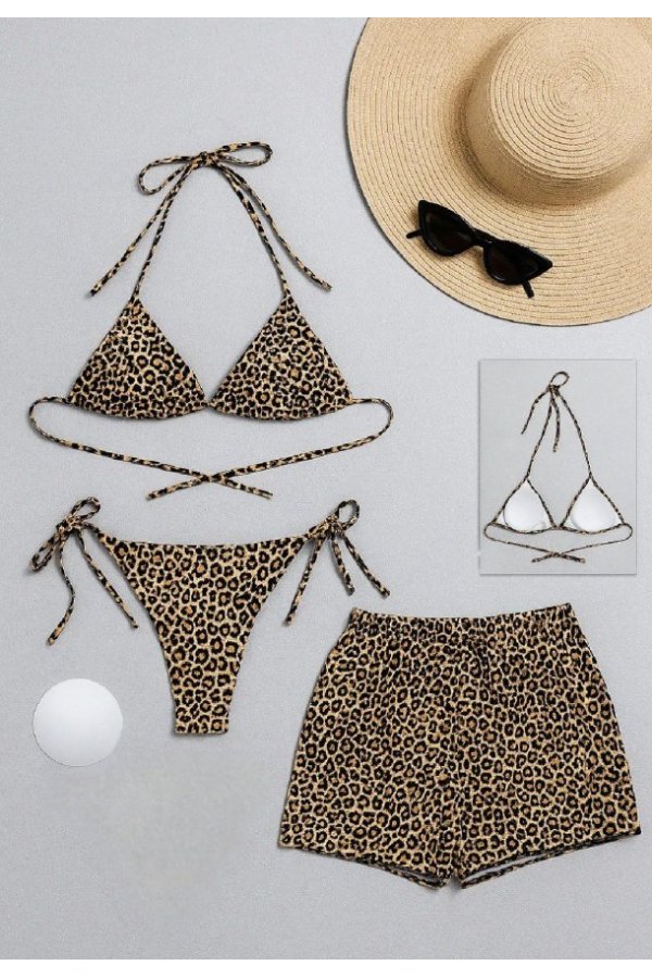 Kadın 3'lü Set Fosforlu Şortlu ve Yandan Bağlamalı Bikini Mayo Takımı