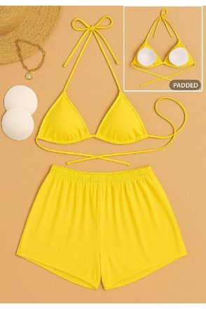 Kadın Sarı Şortlu Belden ve Boyundan Bağlamalı Bikini Takımı