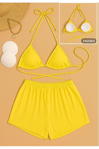 Kadın Sarı Şortlu Belden ve Boyundan Bağlamalı Bikini Takımı
