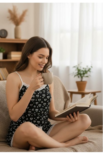 Kadın Siyah Kalp Desenli Askılı Şortlu Dantelli Pijama Takımı