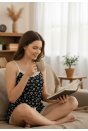 Kadın Siyah Kalp Desenli Askılı Şortlu Dantelli Pijama Takımı