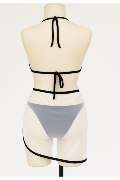 Kadın Siyah Beyaz Pareolu Yandan ve Boyundan Bağlamalı 3'lü Bikini Takımı