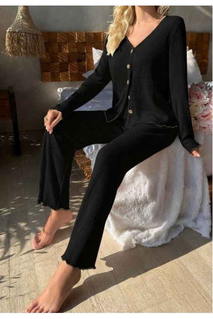 Premium Kadın Fitilli Pijama Takımı – Siyah Gold Biye Detaylı, Yumuşak Dokulu Ev Şıklığı