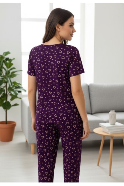 Kadın Mor Kalp Desenli Fiyonklu Kısa Kollu Uzun Pijama Takımı
