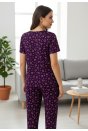 Kadın Mor Kalp Desenli Fiyonklu Kısa Kollu Uzun Pijama Takımı
