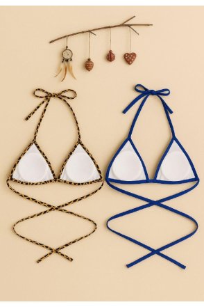 Kadın Leopar Desenli ve Mavi Minimal Kesim Üçgen Bikini Üstü