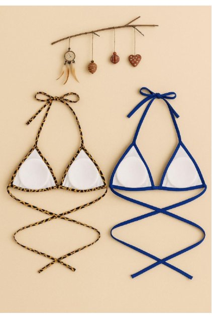 Kadın Leopar Desenli ve Mavi Minimal Kesim Üçgen Bikini Üstü