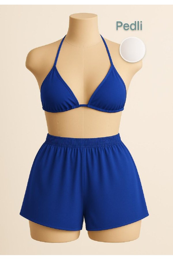 Kadın Mavi Şortlu Belden ve Boyundan Bağlamalı Bikini Takımı