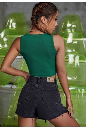 Kadın Yeşil Kare Yaka Crop Top Bluz