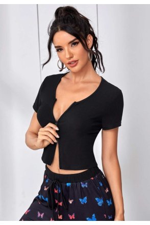 Kadın Siyah Çift Fermuarlı Yarım Kol Crop Top Bluz