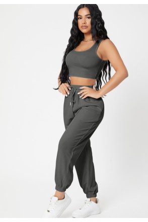 Kadın Antrasit Gri Kaşkorse Cepli Jogger Eşofman Altı ve Crop Top Bluz