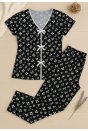 Kadın Siyah Beyaz Kalp Desenli Fiyonklu Kısa Kollu Pijama Takımı