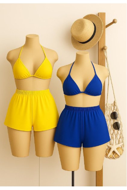 Kadın Sarı ve Mavi Şortlu Belden ve Boyundan Bağlamalı Bikini Takımı