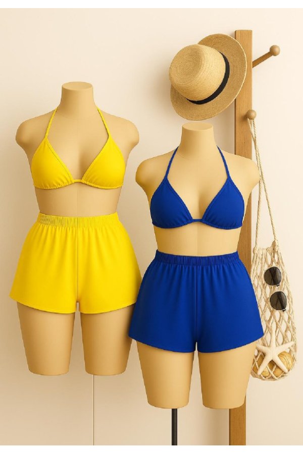 Kadın Sarı ve Mavi Şortlu Belden ve Boyundan Bağlamalı Bikini Takımı