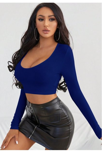 Kadın Mavi Uzun Kol Kare Yaka Crop Top Bluz