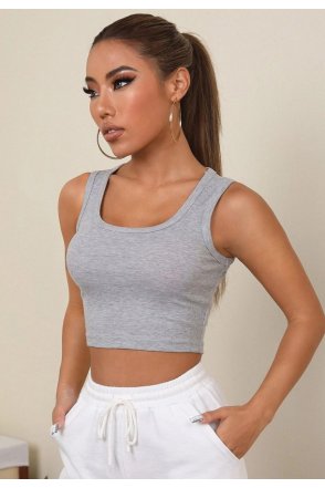 Kadın Gri Kare Yaka Crop Top Bluz