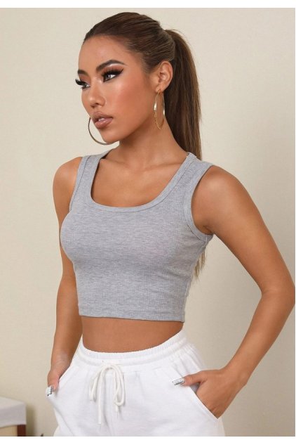 Kadın Gri Kare Yaka Crop Top Bluz