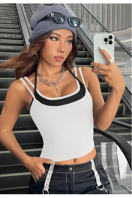 Kadın Siyah Beyaz Çift Renk Çapraz Askılı Crop Top Bluz
