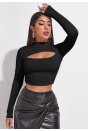 Kadın Siyah Göğüs Dekolteli Uzun Kollu Cut Out Crop Top Bluz