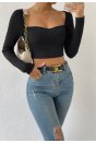 Kadın Siyah Uzun Kol Göğüs Dekolteli Şık Crop Top Bluz