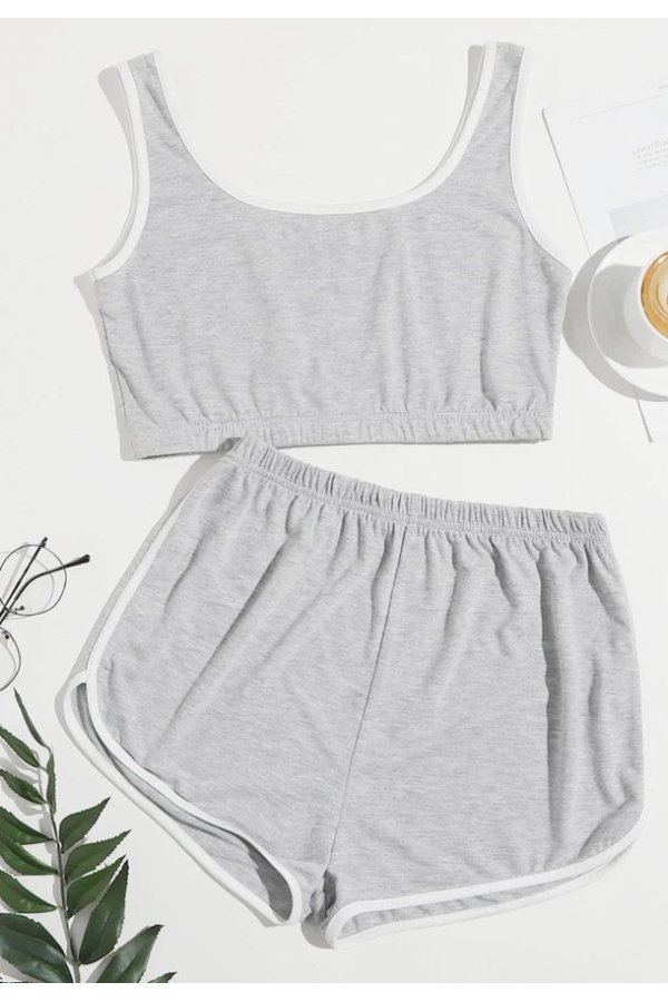 Kadın Gri Askılı Crop Top ve Şortlu Gecelik Takım