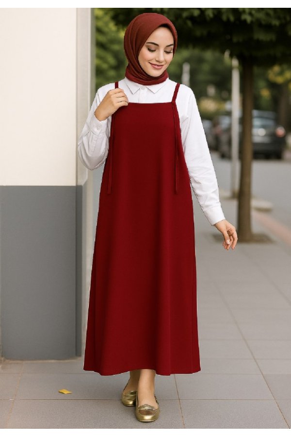 Kadın Bordo Basic Ayarlanabilir Askılı Jile Elbise