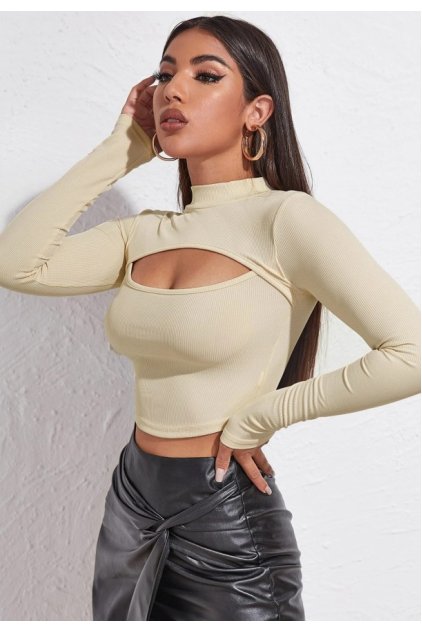 Kadın Ekru Göğüs Dekolteli Uzun Kollu Cut Out Crop Top Bluz