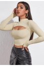 Kadın Ekru Göğüs Dekolteli Uzun Kollu Cut Out Crop Top Bluz