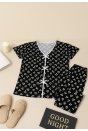 Kadın Siyah Beyaz Kalp Desenli Fiyonklu Kısa Kollu Pijama Takımı