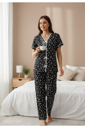 Kadın Siyah Kalp Desenli Fiyonklu Kısa Kollu Uzun Pijama Takımı