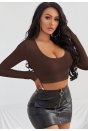Kadın Kahverengi Uzun Kol Kare Yaka Crop Top Bluz