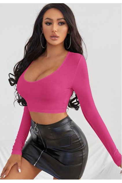 Kadın Fuşya Uzun Kol Kare Yaka Crop Top Bluz