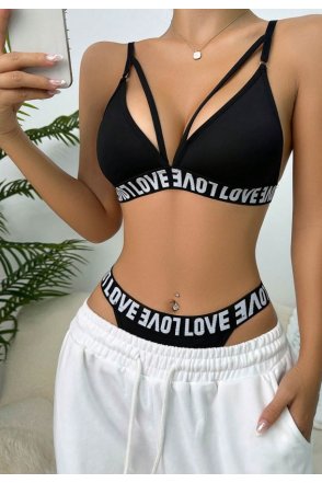 Kadın Siyah Love Yazı Detaylı Harness İç Çamaşır Takımı