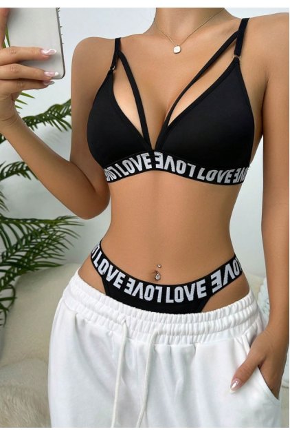Kadın Siyah Love Yazı Detaylı Harness İç Çamaşır Takımı