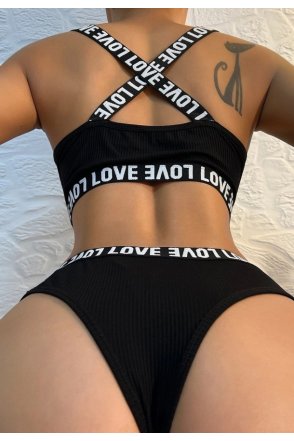 Kadın Siyah Çapraz Sırt Ve Love Yazı Detaylı Iç Çamaşır Takımı