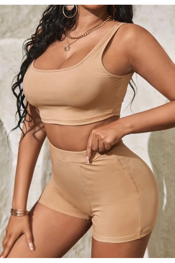 Kadın Krem Rengi Şortlu Crop Top Gecelik Takım