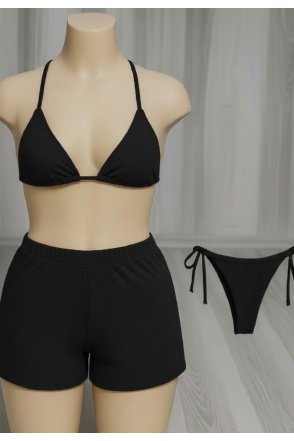 Kadın 3'lü Set Siyah Şortlu ve Yandan Bağlamalı Bikini Mayo Takımı