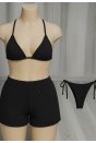 Kadın 3'lü Set Siyah Şortlu ve Yandan Bağlamalı Bikini Mayo Takımı